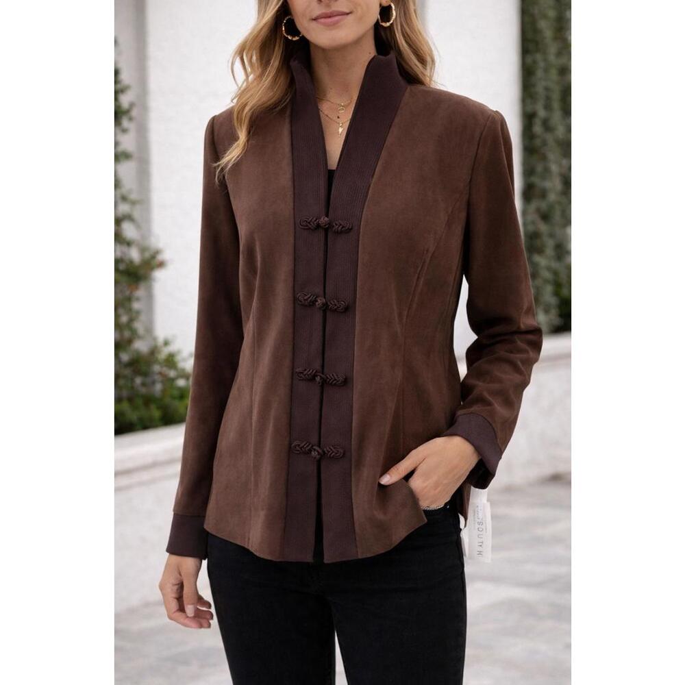 Plaza South Brown Mandarin Collar Sz 14 Asian Inspired Frog Closure Blazer